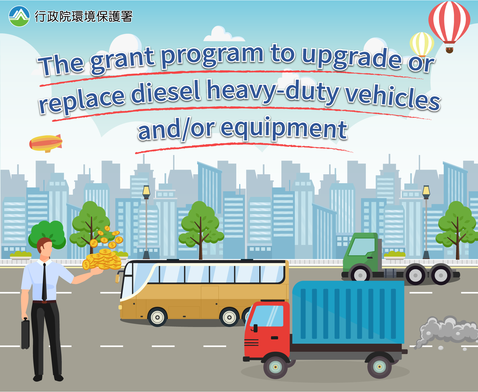 It’s a picture about the grant program to upgrade or replace diesel heavy-duty vehicles and/or equipment.